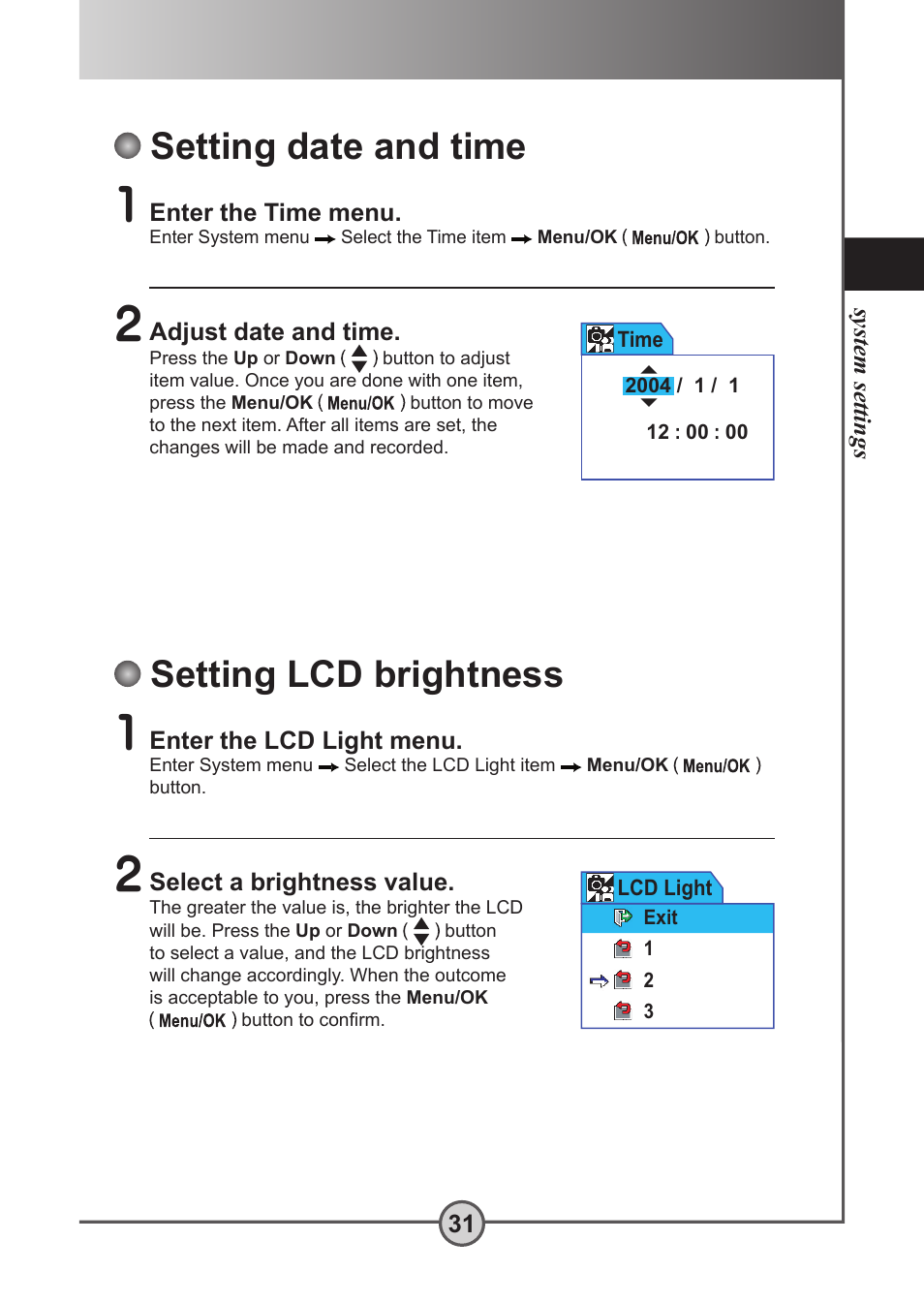 Setting date and time, Setting lcd brightness | AIPTEK Pocket DV 5300 User Manual | Page 32 / 57