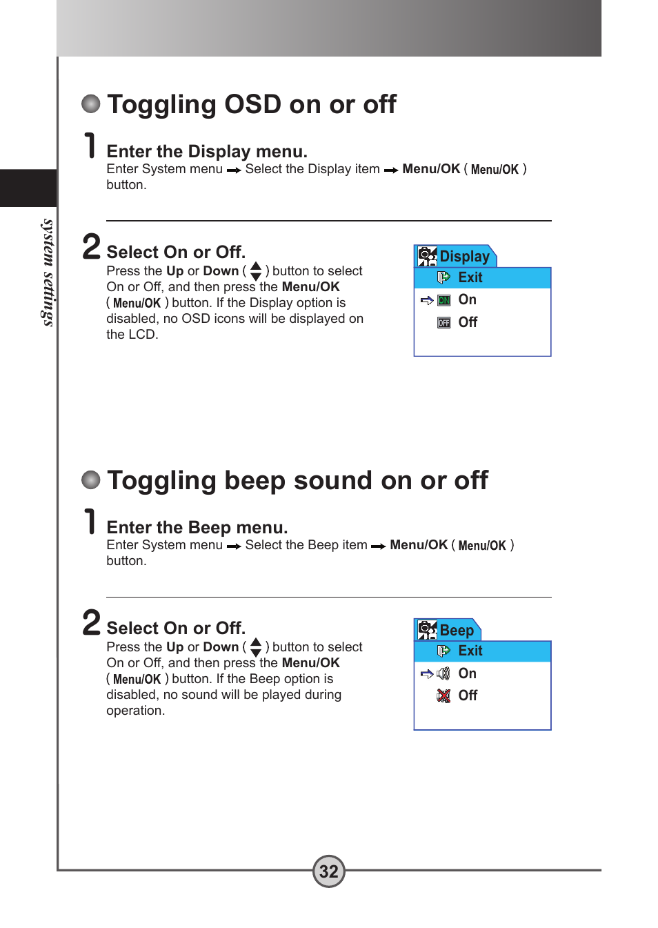 Toggling osd on or off, Toggling beep sound on or off | AIPTEK Pocket DV 5300 User Manual | Page 33 / 57