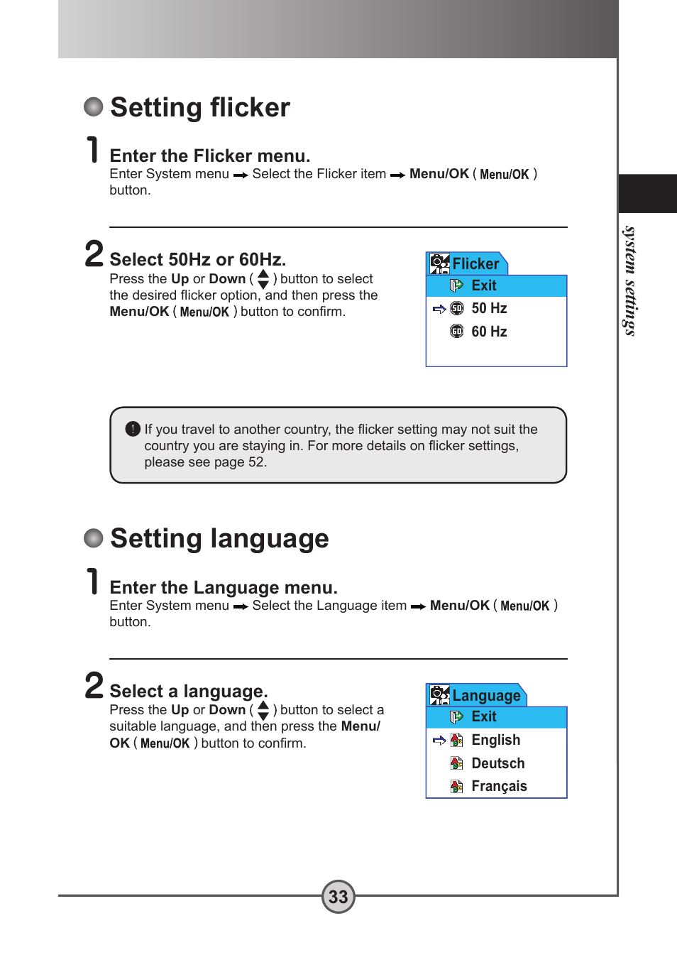 Setting flicker, Setting language, Setting ﬂicker | AIPTEK Pocket DV 5300 User Manual | Page 34 / 57