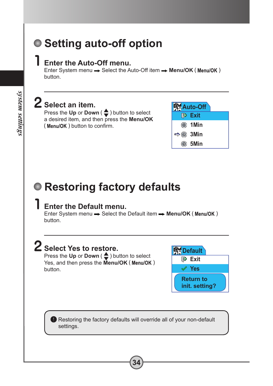 Setting auto- off option, Restoring factory defaults, Setting auto-off option | AIPTEK Pocket DV 5300 User Manual | Page 35 / 57