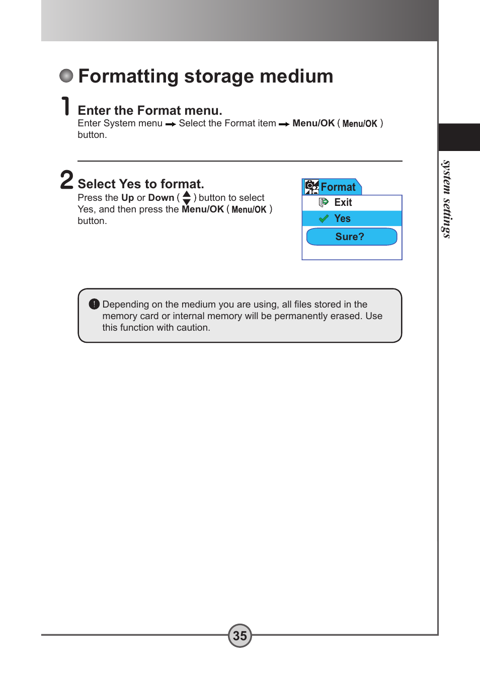 Formatting storage medium | AIPTEK Pocket DV 5300 User Manual | Page 36 / 57