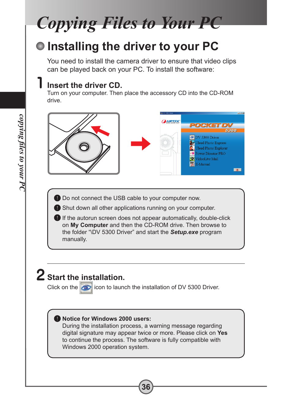 Copying files to your pc, Installing the driver to your pc | AIPTEK Pocket DV 5300 User Manual | Page 37 / 57