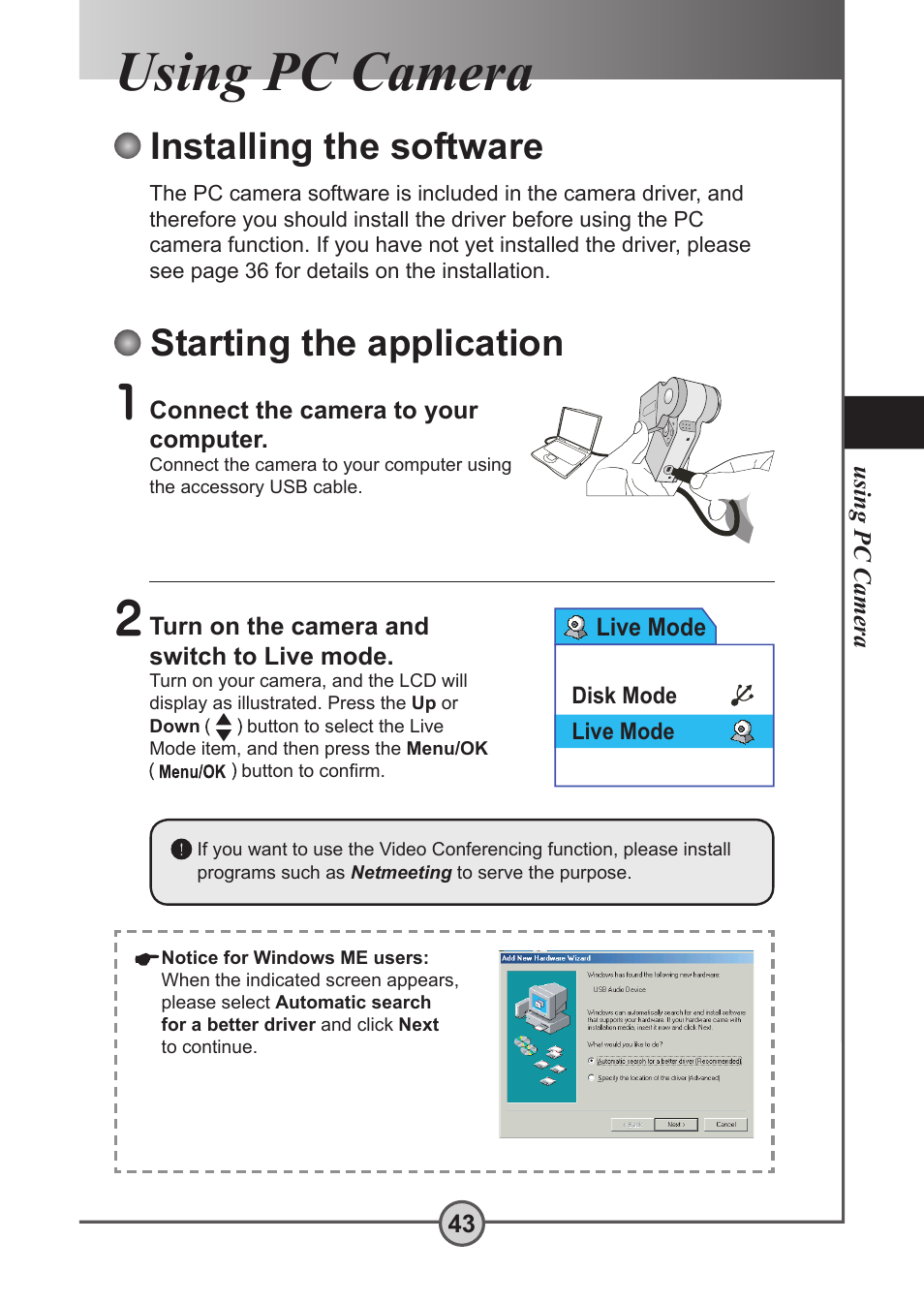 Using pc camera, Installing the software, Starting the application | AIPTEK Pocket DV 5300 User Manual | Page 44 / 57