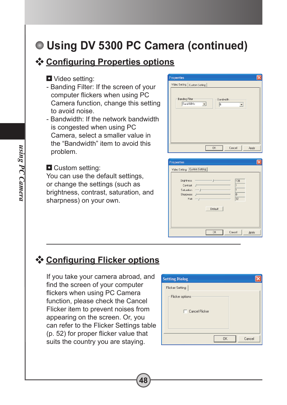 Using dv 5300 pc camera ( continued), Configuring properties options, Configuring flicker options | Using dv 5300 pc camera (continued), Conﬁguring properties options, Conﬁguring flicker options | AIPTEK Pocket DV 5300 User Manual | Page 49 / 57