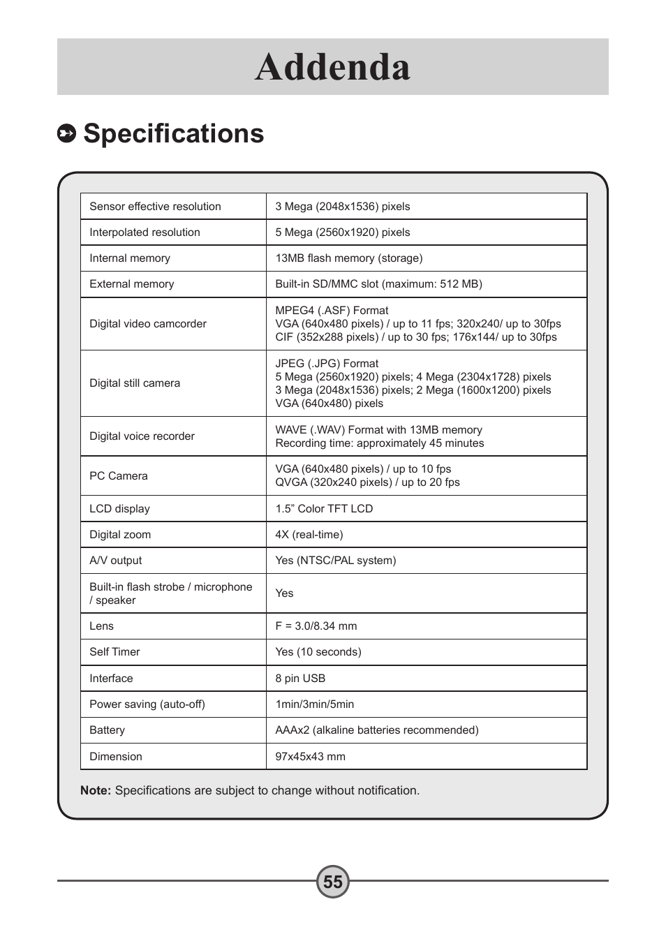 Specifications, Addenda, Speciﬁcations | AIPTEK Pocket DV 5300 User Manual | Page 56 / 57