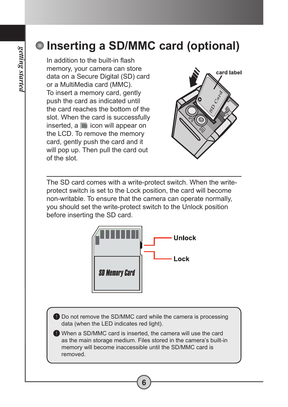Inserting a sd/ mmc card ( optional), Inserting a sd/mmc card (optional) | AIPTEK Pocket DV 5300 User Manual | Page 7 / 57