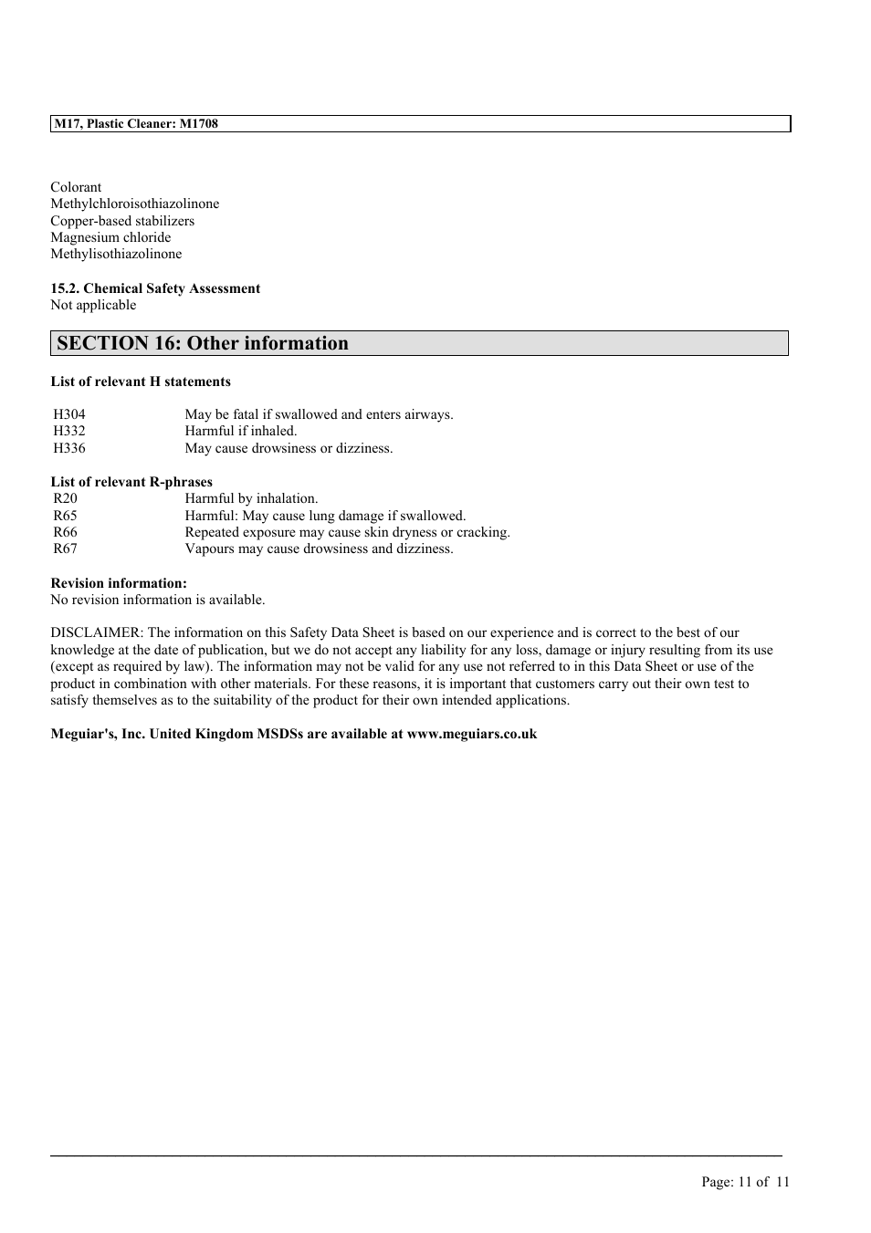 MEGUIAR'S M17 User Manual | Page 11 / 11