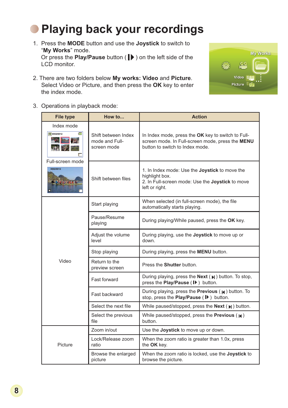 Playing back your recordings | AIPTEK 3D HD-DV Camcorder User Manual | Page 11 / 21