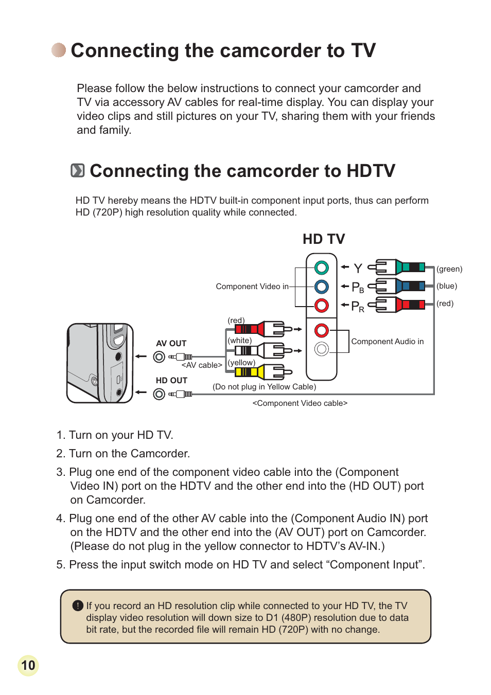 Connecting the camcorder to tv, Connecting the camcorder to hdtv, Hd tv | AIPTEK 3D HD-DV Camcorder User Manual | Page 13 / 21