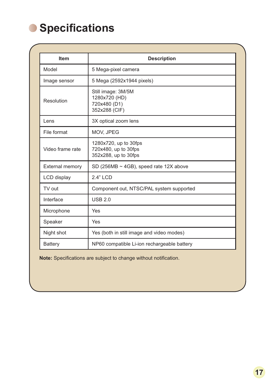 6shfl¿fdwlrqv | AIPTEK 3D HD-DV Camcorder User Manual | Page 20 / 21