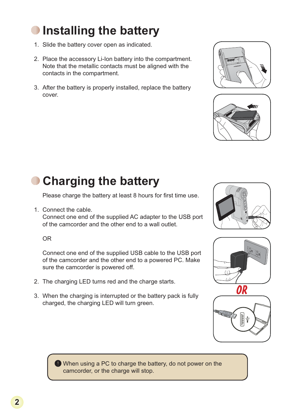 Installing the battery, Charging the battery | AIPTEK 3D HD-DV Camcorder User Manual | Page 5 / 21