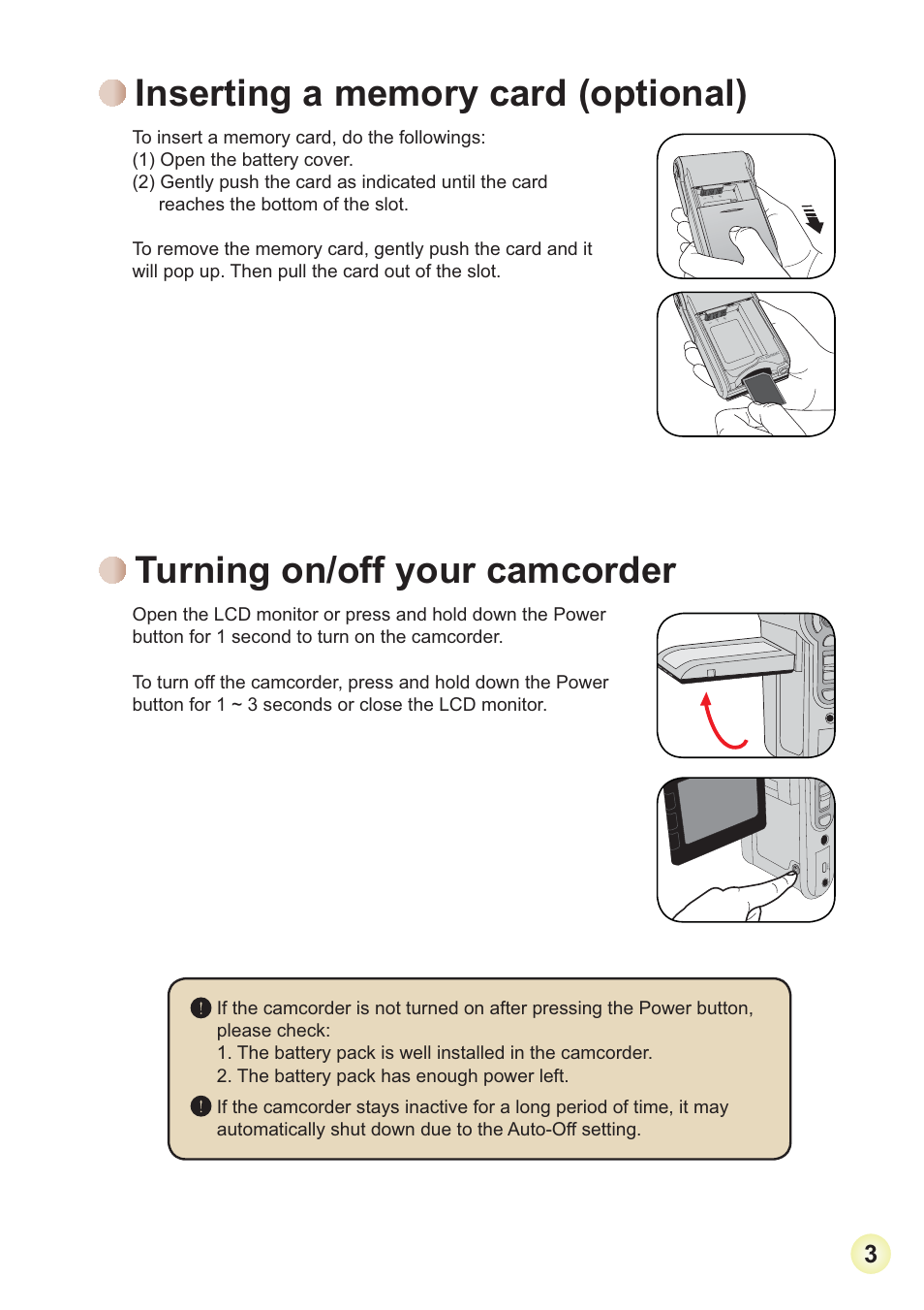 Turning on/off your camcorder | AIPTEK 3D HD-DV Camcorder User Manual | Page 6 / 21