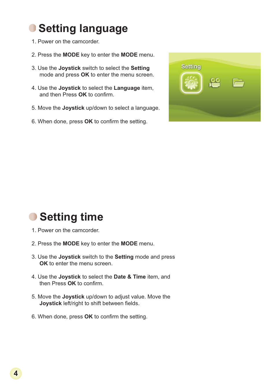 Setting language, Setting time | AIPTEK 3D HD-DV Camcorder User Manual | Page 7 / 21