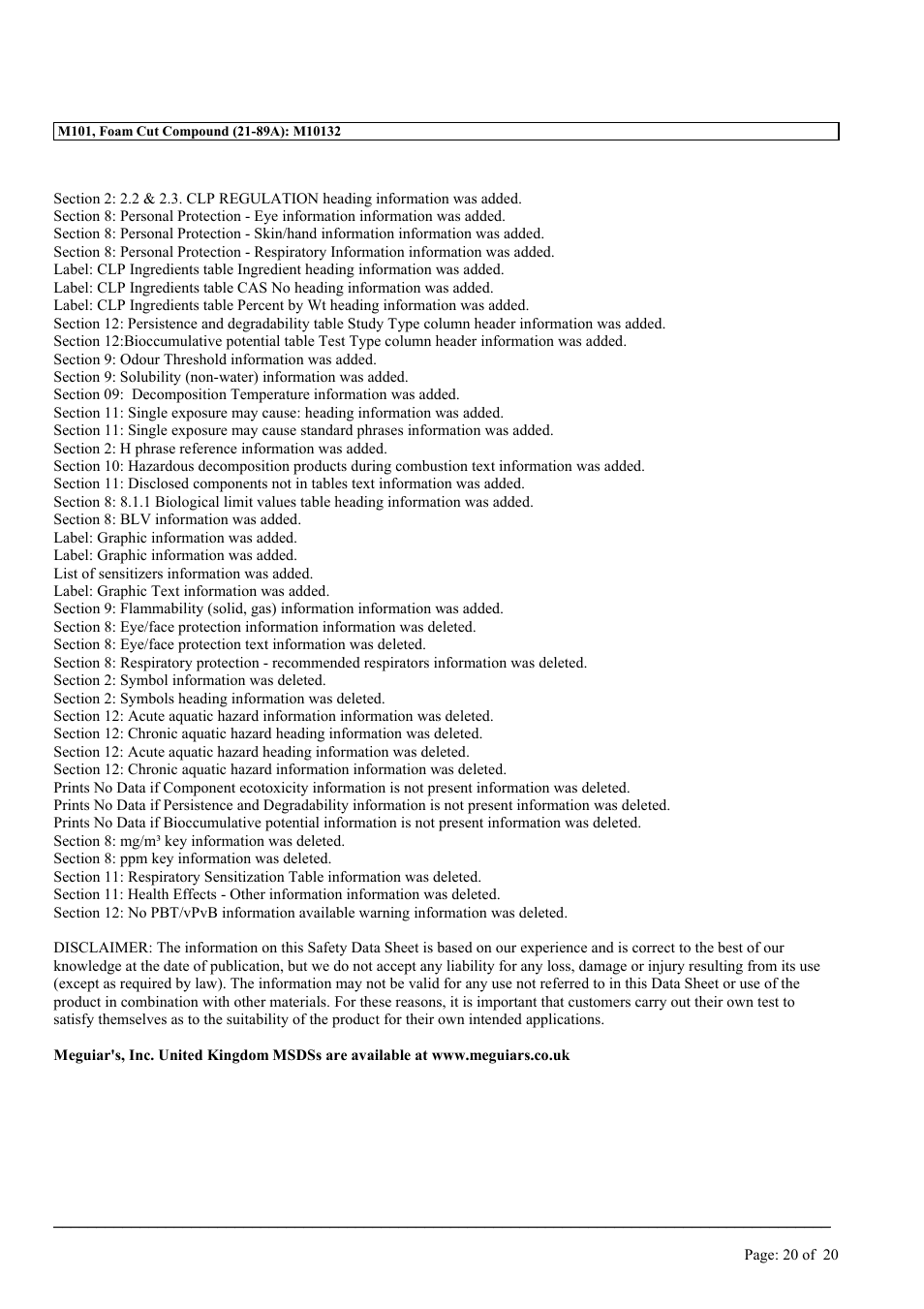 MEGUIAR'S M101 User Manual | Page 20 / 20