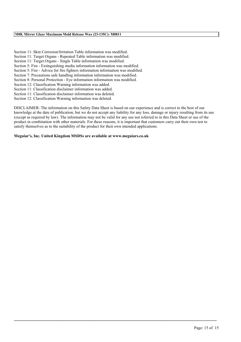 MEGUIAR'S M08 User Manual | Page 15 / 15