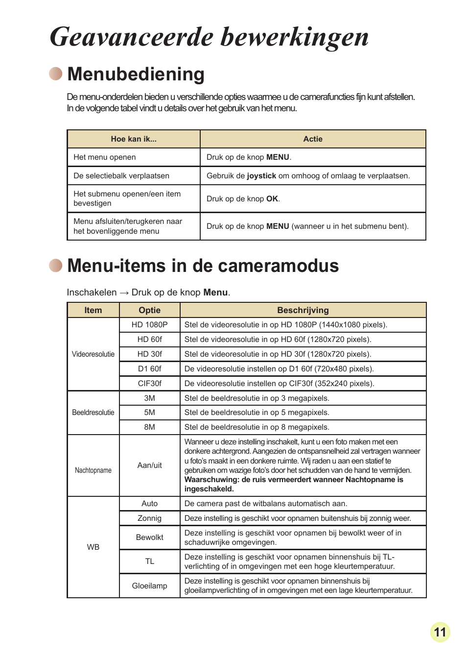 Geavanceerde bewerkingen, Menubediening, Menu-items in de cameramodus | AIPTEK Action Z5X5P User Manual | Page 103 / 160