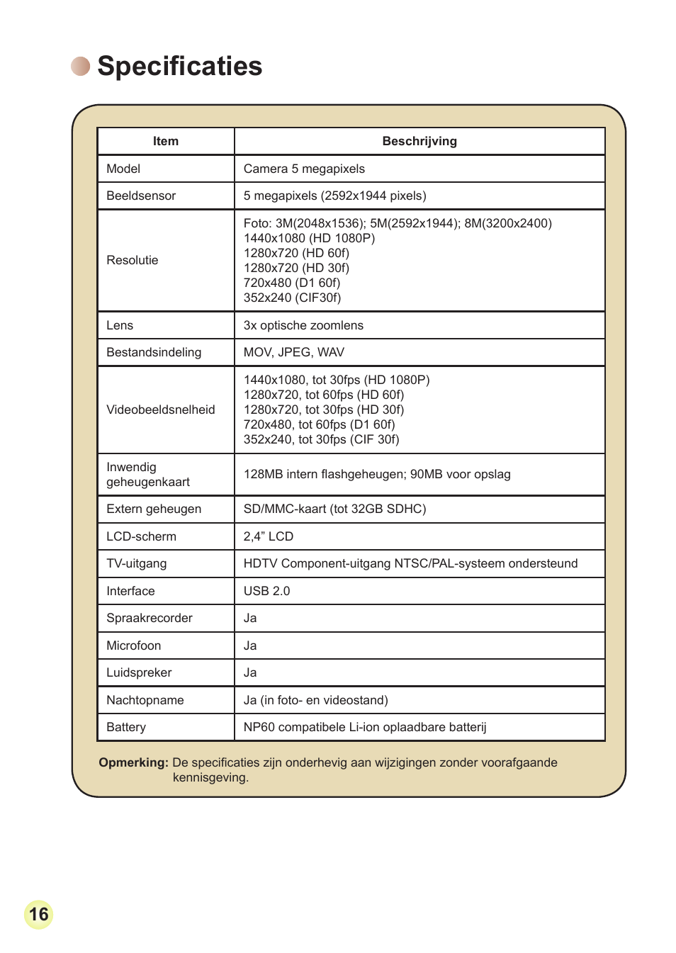 Specificaties | AIPTEK Action Z5X5P User Manual | Page 108 / 160