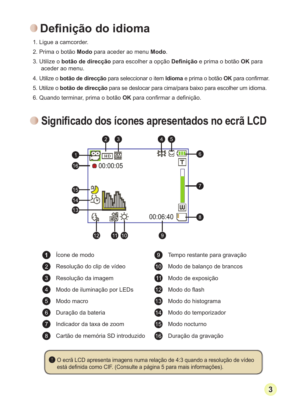Definição do idioma, Significado dos ícones apresentados no ecrã lcd | AIPTEK Action Z5X5P User Manual | Page 112 / 160