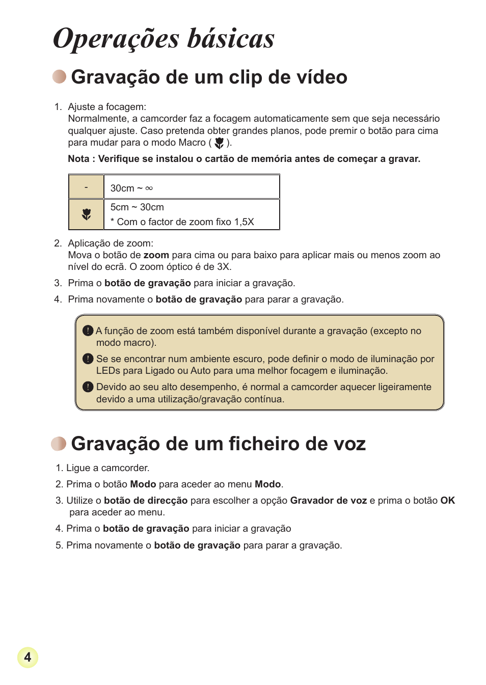 Operações básicas, Gravação de um clip de vídeo, Gravação de um ficheiro de voz | Gravação.de.um.clip.de.vídeo | AIPTEK Action Z5X5P User Manual | Page 113 / 160