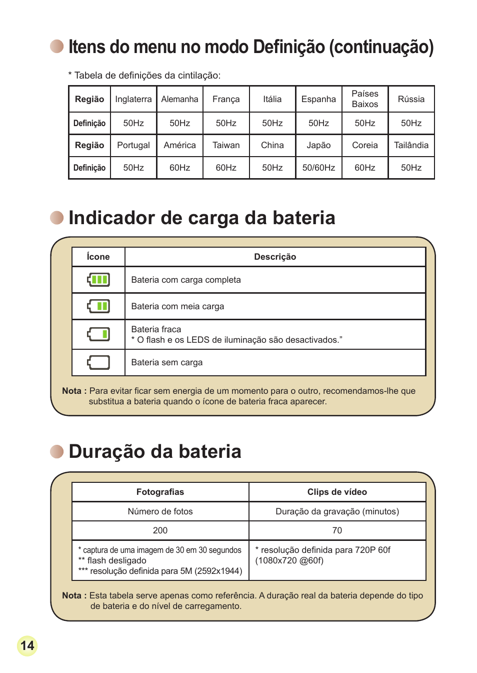 Itens do menu no modo definição (continuação), Indicador de carga da bateria, Duração da bateria | Indicador.de.carga.da.bateria, Duração.da.bateria | AIPTEK Action Z5X5P User Manual | Page 123 / 160