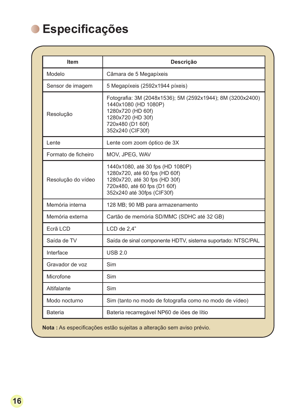 Especificações | AIPTEK Action Z5X5P User Manual | Page 125 / 160