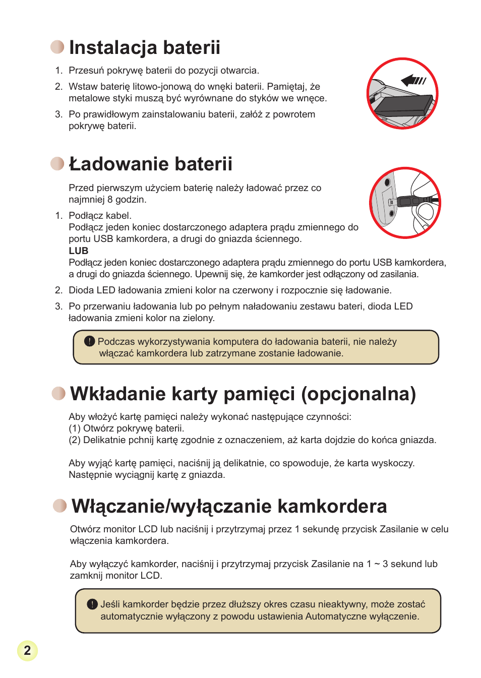 Instalacja baterii, Ładowanie baterii, Wkładanie karty pamięci (opcjonalna) | Włączanie/wyłączanie kamkordera | AIPTEK Action Z5X5P User Manual | Page 128 / 160