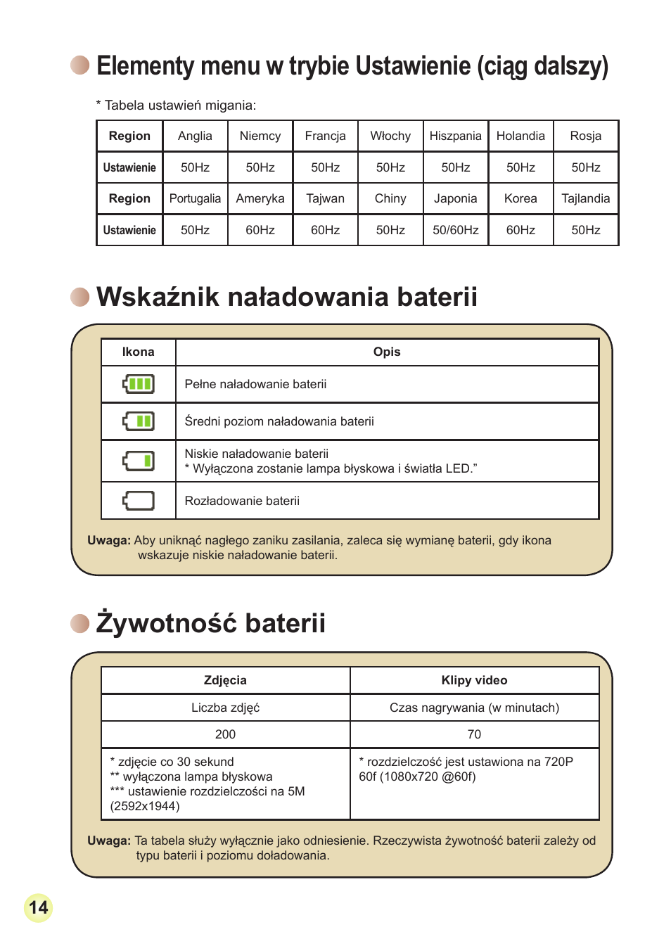 Elementy menu w trybie ustawienie (ciąg dalszy), Wskaźnik naładowania baterii, Żywotność baterii | AIPTEK Action Z5X5P User Manual | Page 140 / 160