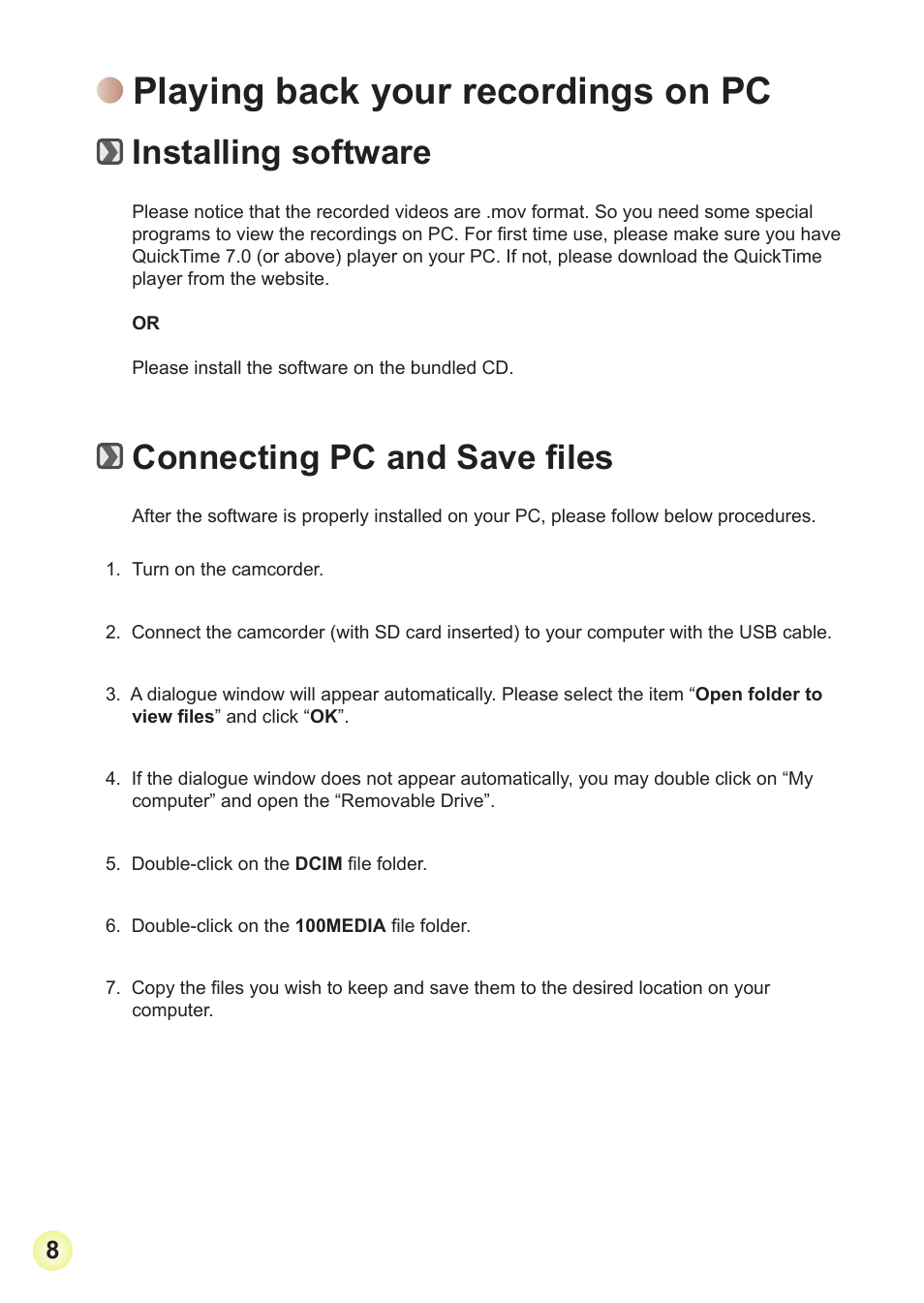 Playing back your recordings on pc, Installing software, Connecting pc and save files | AIPTEK Action Z5X5P User Manual | Page 15 / 160