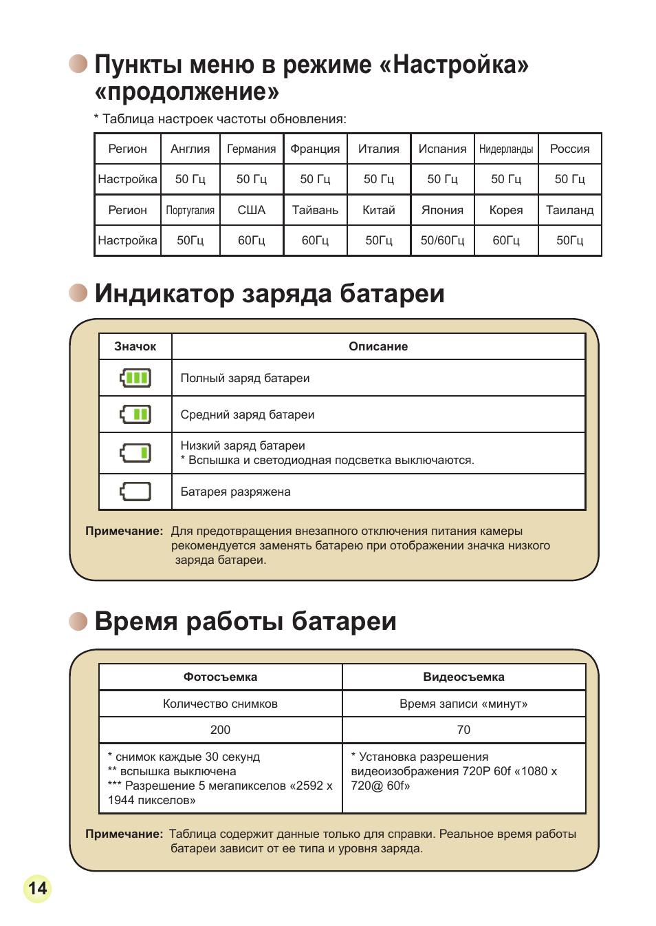 Пункты меню в режиме «настройка» «продолжение, Индикатор заряда батареи, Время работы батареи | AIPTEK Action Z5X5P User Manual | Page 157 / 160