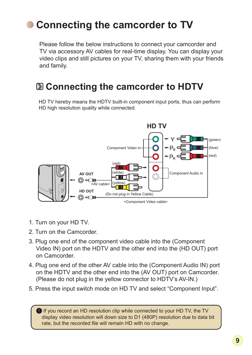 Connecting the camcorder to tv, Connecting the camcorder to hdtv, Hd tv | AIPTEK Action Z5X5P User Manual | Page 16 / 160