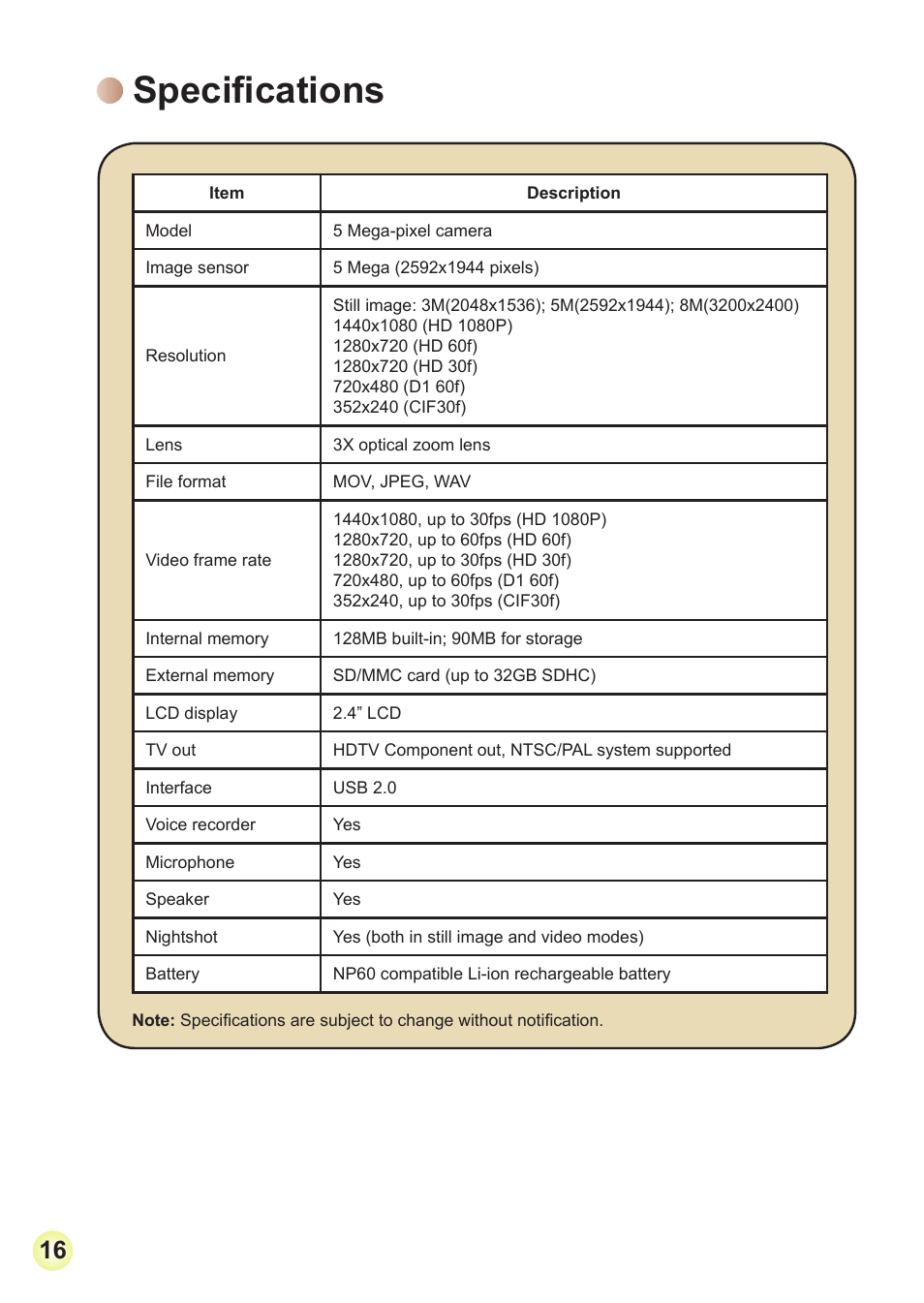 Specifications | AIPTEK Action Z5X5P User Manual | Page 23 / 160