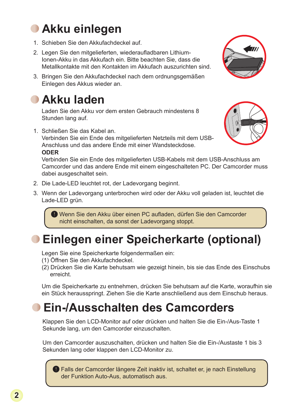 Akku einlegen, Akku laden, Einlegen einer speicherkarte (optional) | Ein-/ausschalten des camcorders | AIPTEK Action Z5X5P User Manual | Page 26 / 160