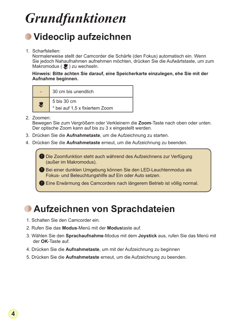 Grundfunktionen, Videoclip aufzeichnen, Aufzeichnen von sprachdateien | AIPTEK Action Z5X5P User Manual | Page 28 / 160