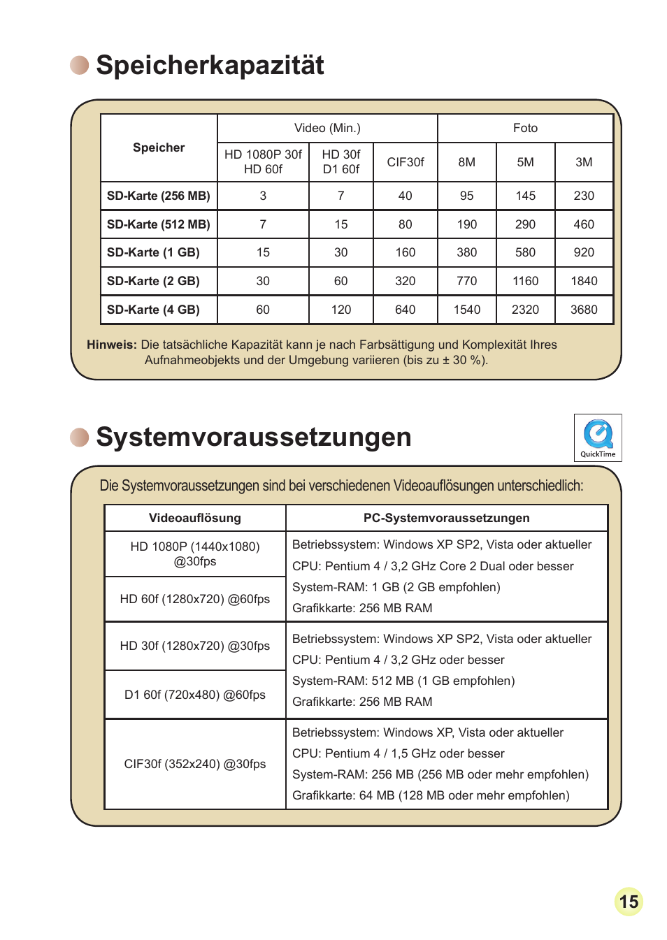 Speicherkapazität, Systemvoraussetzungen, Menüpunkte im einstellungsmodus (fortsetzung) | AIPTEK Action Z5X5P User Manual | Page 39 / 160