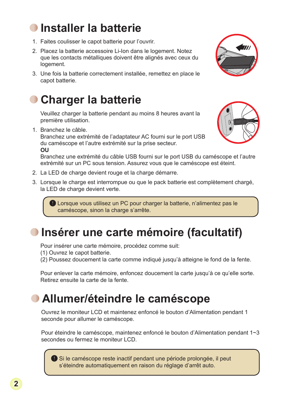 Installer la batterie, Charger la batterie, Insérer une carte mémoire (facultatif) | Allumer/éteindre le caméscope | AIPTEK Action Z5X5P User Manual | Page 43 / 160
