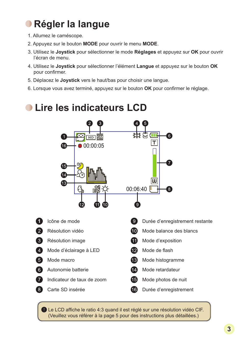 Régler la langue, Lire les indicateurs lcd | AIPTEK Action Z5X5P User Manual | Page 44 / 160