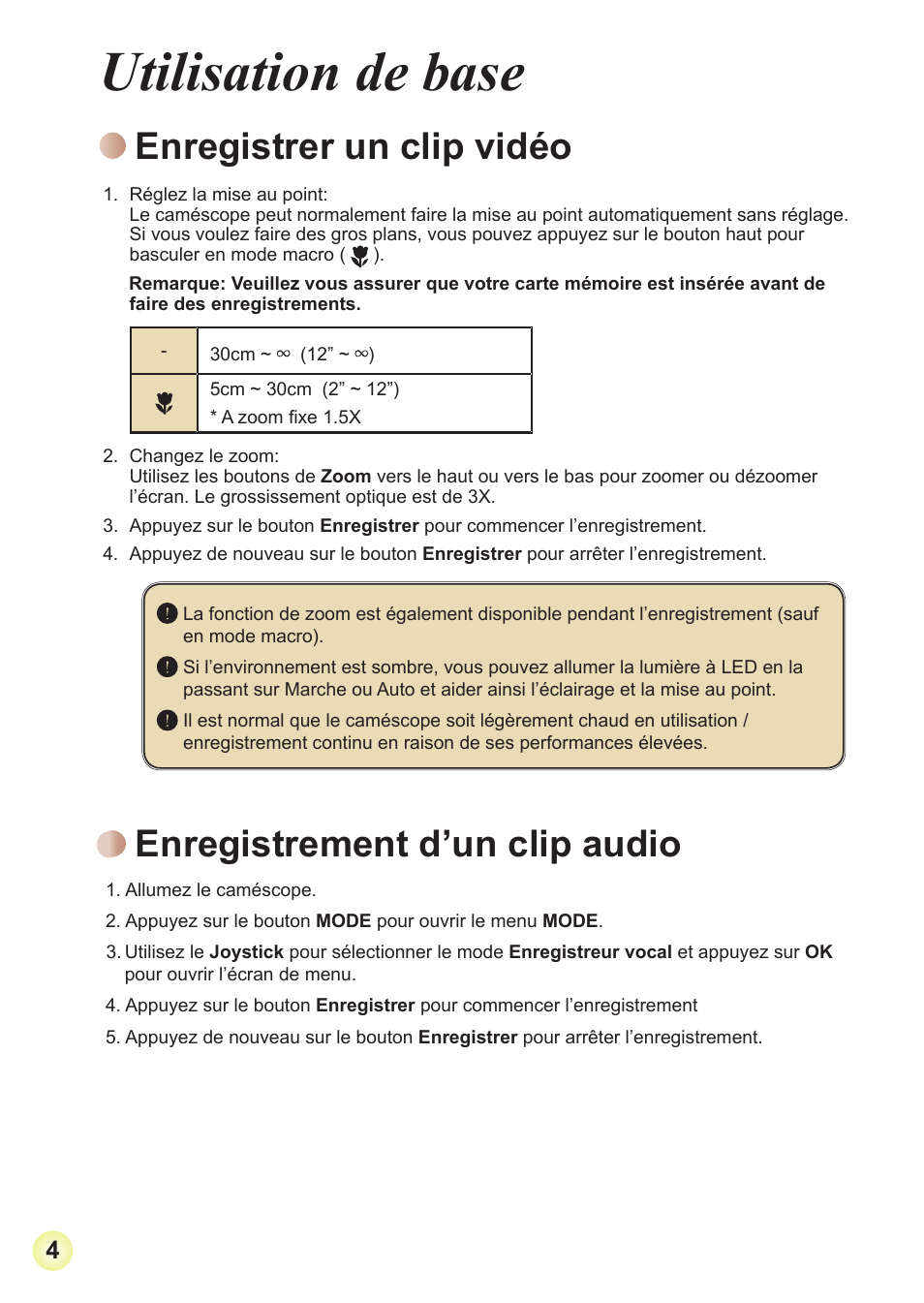 Utilisation de base, Enregistrer un clip vidéo, Enregistrement d’un clip audio | AIPTEK Action Z5X5P User Manual | Page 45 / 160