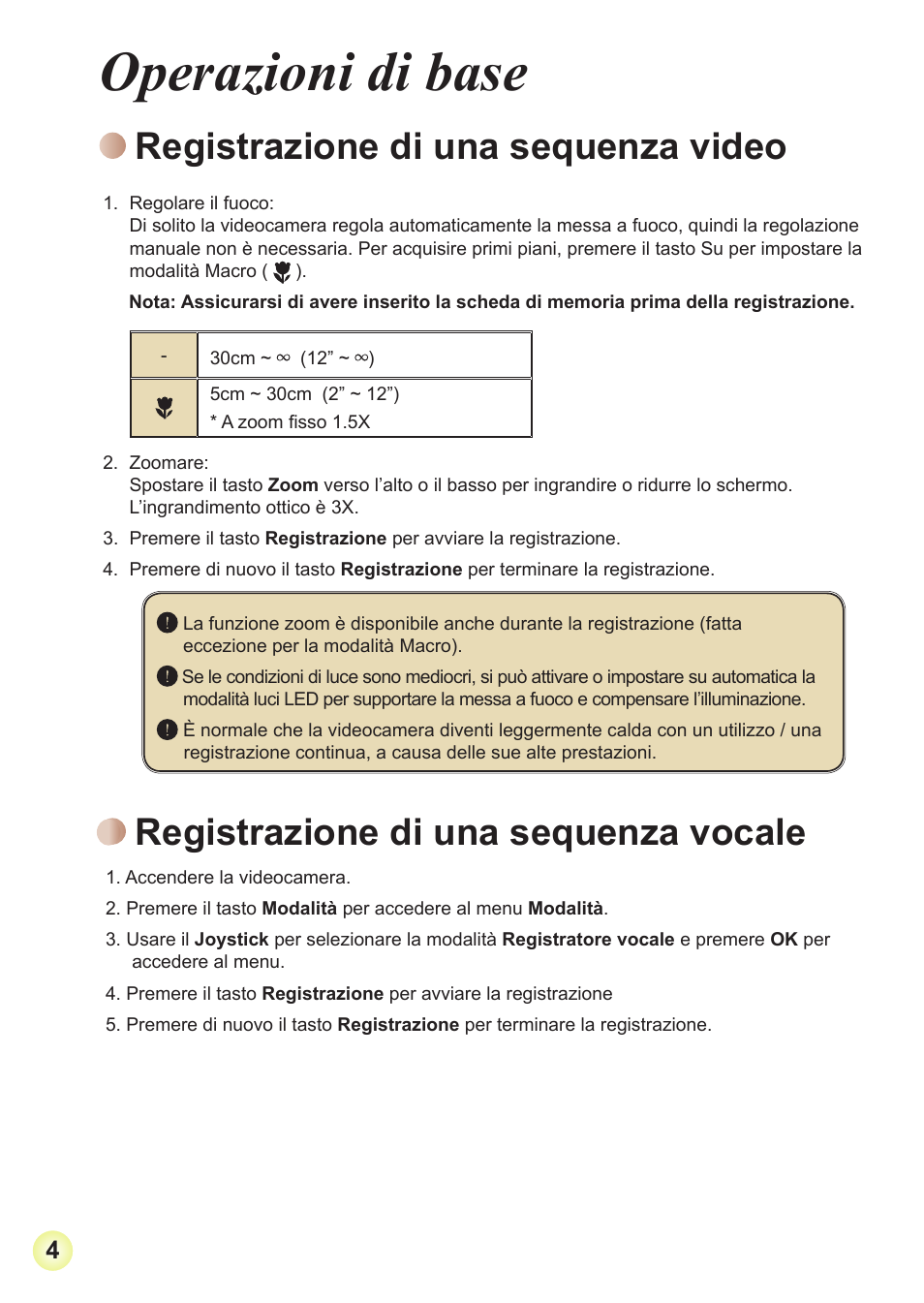 Operazioni di base, Registrazione di una sequenza video, Registrazione di una sequenza vocale | Registrazione.di.una.sequenza.video, Registrazione.di.una.sequenza.vocale | AIPTEK Action Z5X5P User Manual | Page 62 / 160