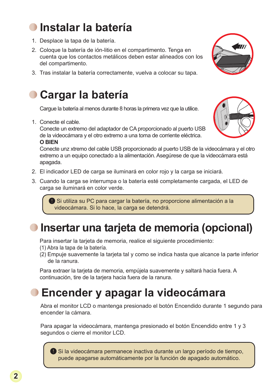 Instalar la batería, Cargar la batería, Insertar una tarjeta de memoria (opcional) | Encender y apagar la videocámara | AIPTEK Action Z5X5P User Manual | Page 77 / 160