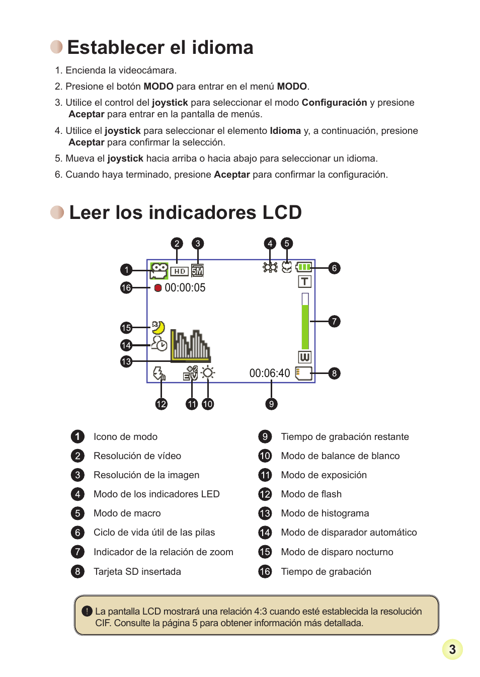 Establecer el idioma, Leer los indicadores lcd | AIPTEK Action Z5X5P User Manual | Page 78 / 160