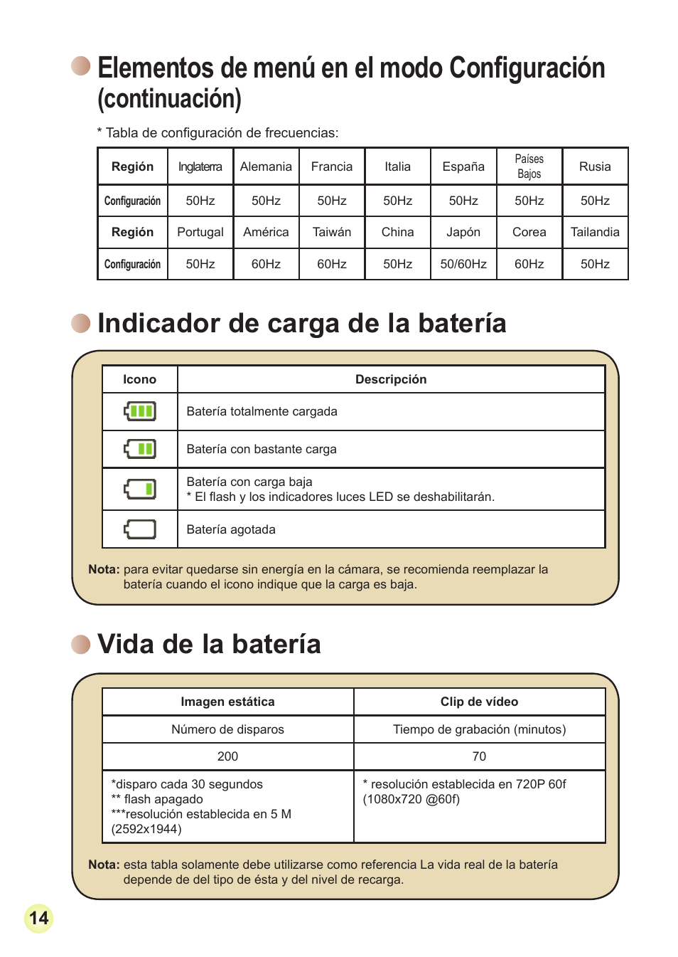 Indicador de carga de la batería, Vida de la batería, Elementos de menú en el modo configuración | Continuación) | AIPTEK Action Z5X5P User Manual | Page 89 / 160