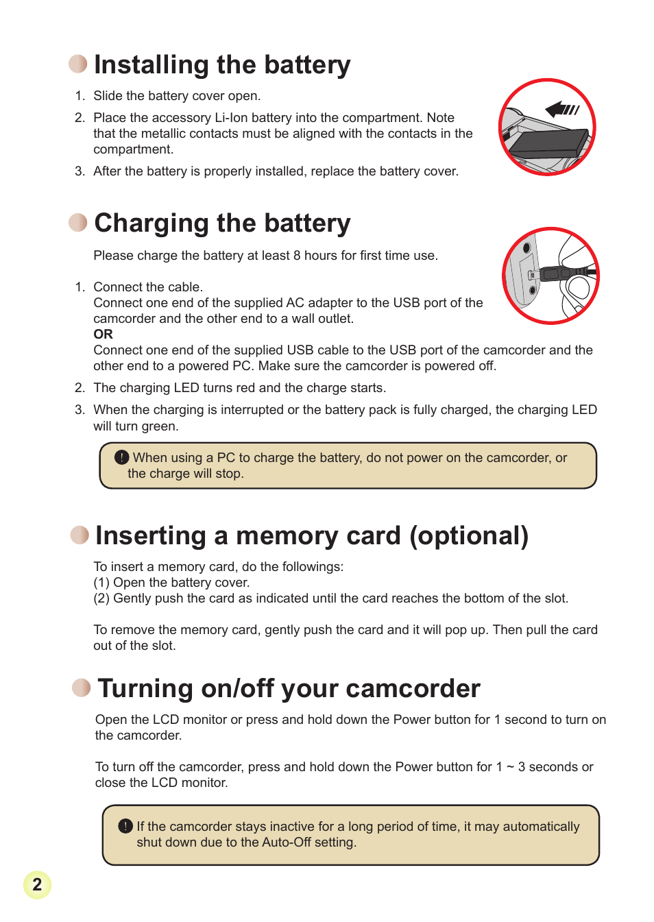 Installing the battery, Charging the battery, Inserting a memory card (optional) | Turning on/off your camcorder | AIPTEK Action Z5X5P User Manual | Page 9 / 160
