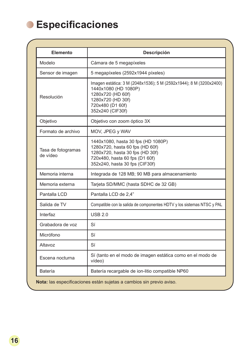 Especificaciones | AIPTEK Action Z5X5P User Manual | Page 91 / 160