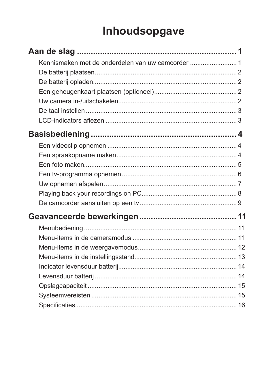 Nederlands, Inhoudsopgave | AIPTEK Action Z5X5P User Manual | Page 92 / 160