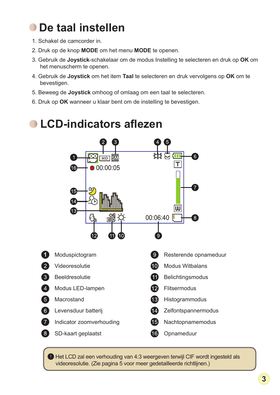 De taal instellen, Lcd-indicators aflezen | AIPTEK Action Z5X5P User Manual | Page 95 / 160