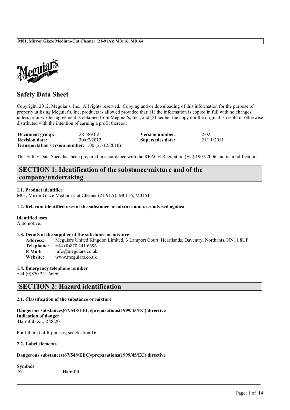 MEGUIAR'S M01 User Manual | 14 pages