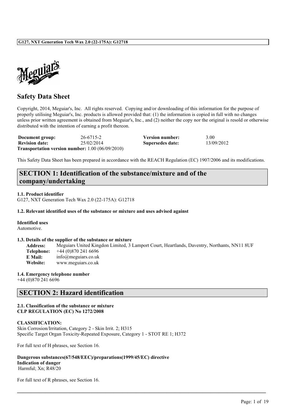 Safety data sheet | MEGUIAR'S G9977 User Manual | Page 15 / 33