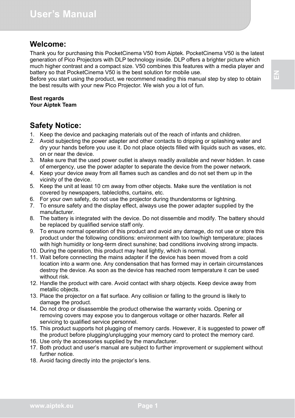 AIPTEK POCKETCINEMA V50 User Manual | 22 pages