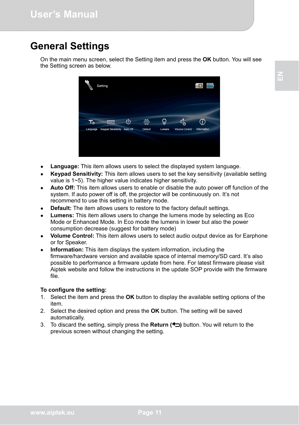 User’s manual, General settings | AIPTEK POCKETCINEMA V50 User Manual | Page 11 / 22