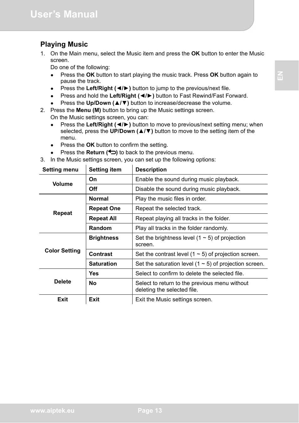 User’s manual, En playing music | AIPTEK POCKETCINEMA V50 User Manual | Page 13 / 22
